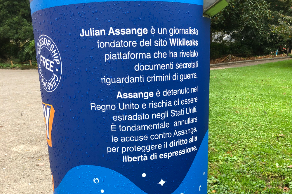 subvertising cans by Pao in public bins for Freedom of Information in support of Assange Julian