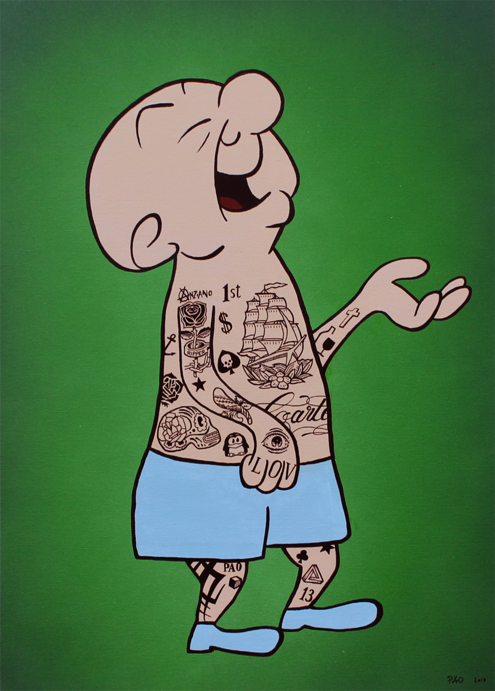Old school, Mr Magoo tatuato, acrilico  su tela by PAO, punk anziani