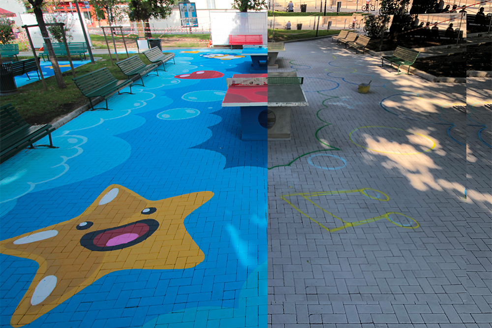 Vista comparativa di Piazza Belloveso a Milano prima e dopo l’intervento artistico di PAO per HARIBO: da una pavimentazione grigia anonima a un colorato floor painting con stelle, bolle e forme giocose che trasformano la piazza in una Happyland