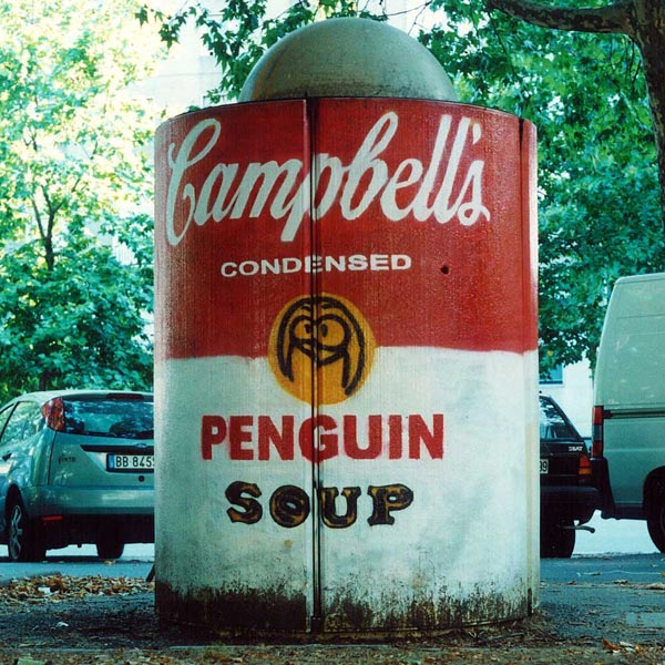 A street art Campbell's soup, painted on public toilet in Milan, Italy. Inspired by Andy Warhol and Pop art.    .