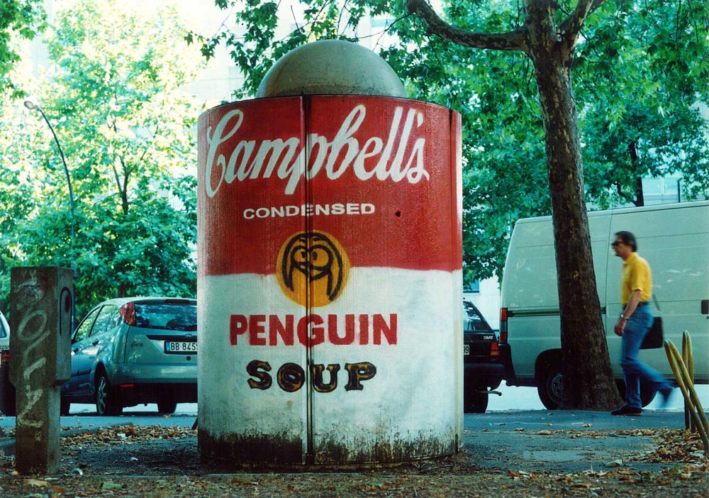 A street art Campbell's soup, painted on public toilet in Milan, Italy. Inspired by Andy Warhol and Pop art.    .