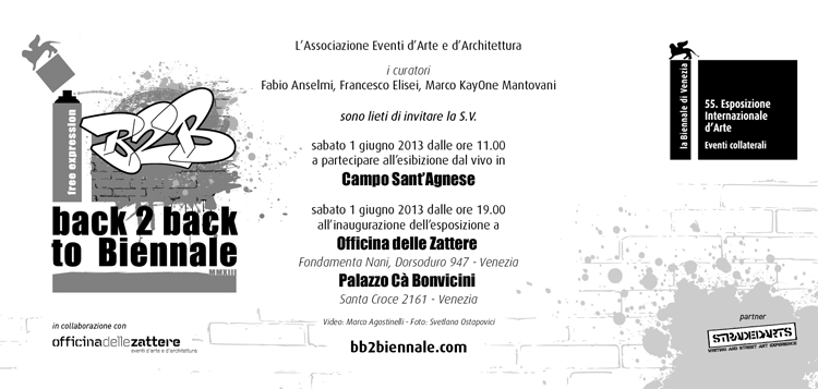 invito alla mostra back2back to biennale Venezia, bianco e nero con i loghi delll'evento